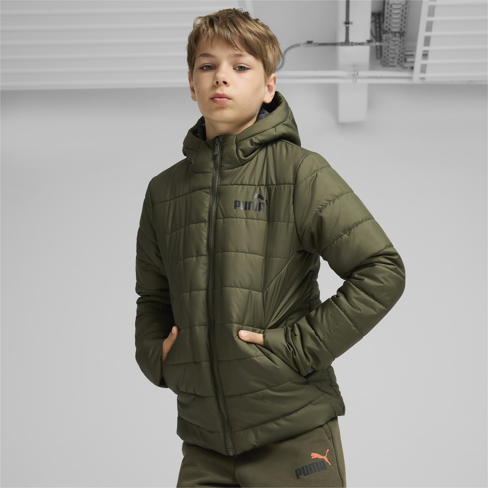 Puma ბავშვის ბოტასი ESS Hooded Padded Jacket Dark Olive